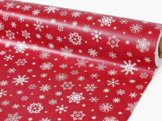PVC ubrusovina s textilním podkladem - vánoční vzor sněhových vloček na červeném - metráž š. 140 cm