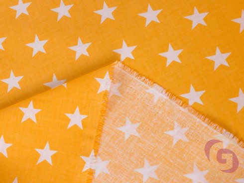 Bavlněné plátno SIMONA - vzor 630 bílé hvězdičky na žlutě oranžovém
