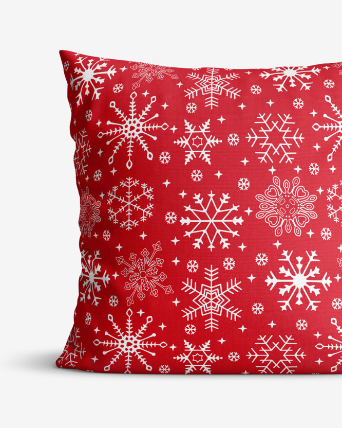 Vánoční bavlněný povlak na polštář - sněhové vločky na červeném