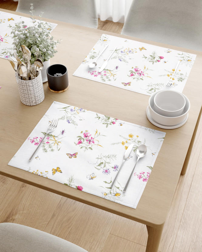 Prostírání na stůl 100% bavlněné plátno - barevné luční květiny na bílém - sada 2ks