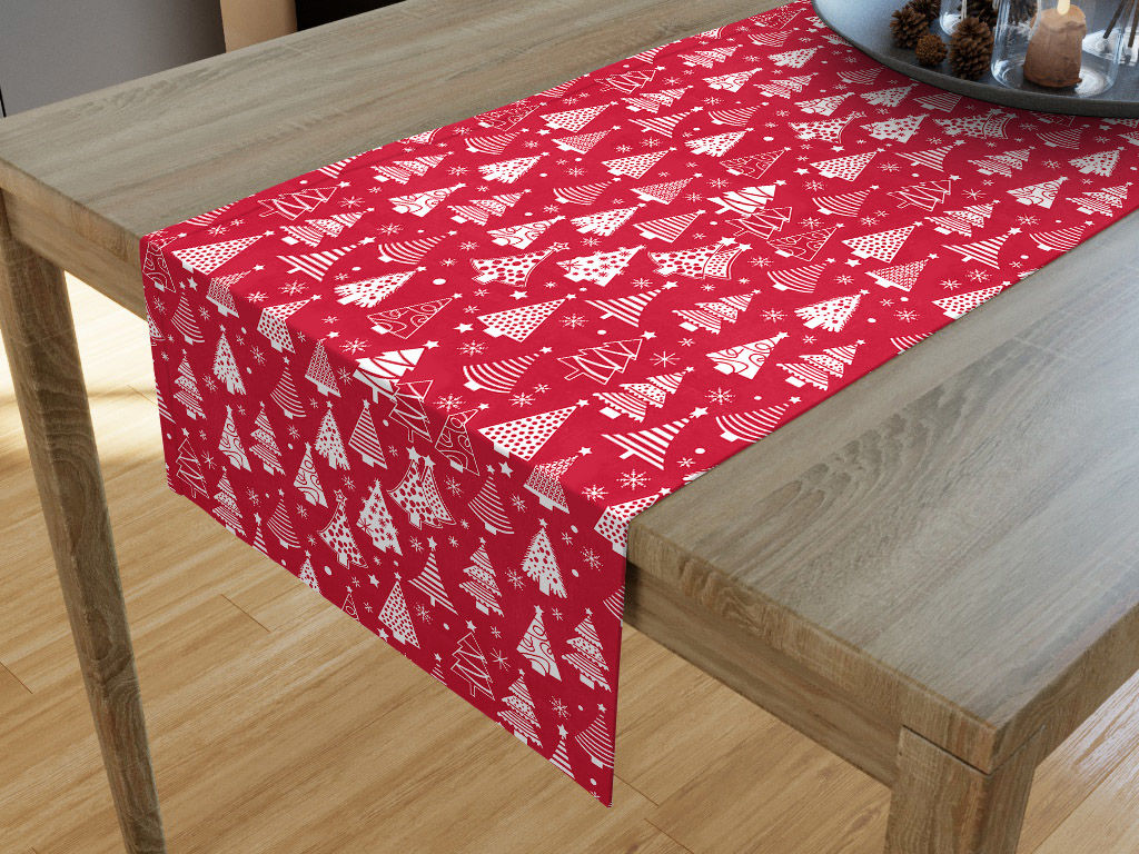 Vánoční běhoun na stůl 100% bavlněné plátno - stromečky na červeném