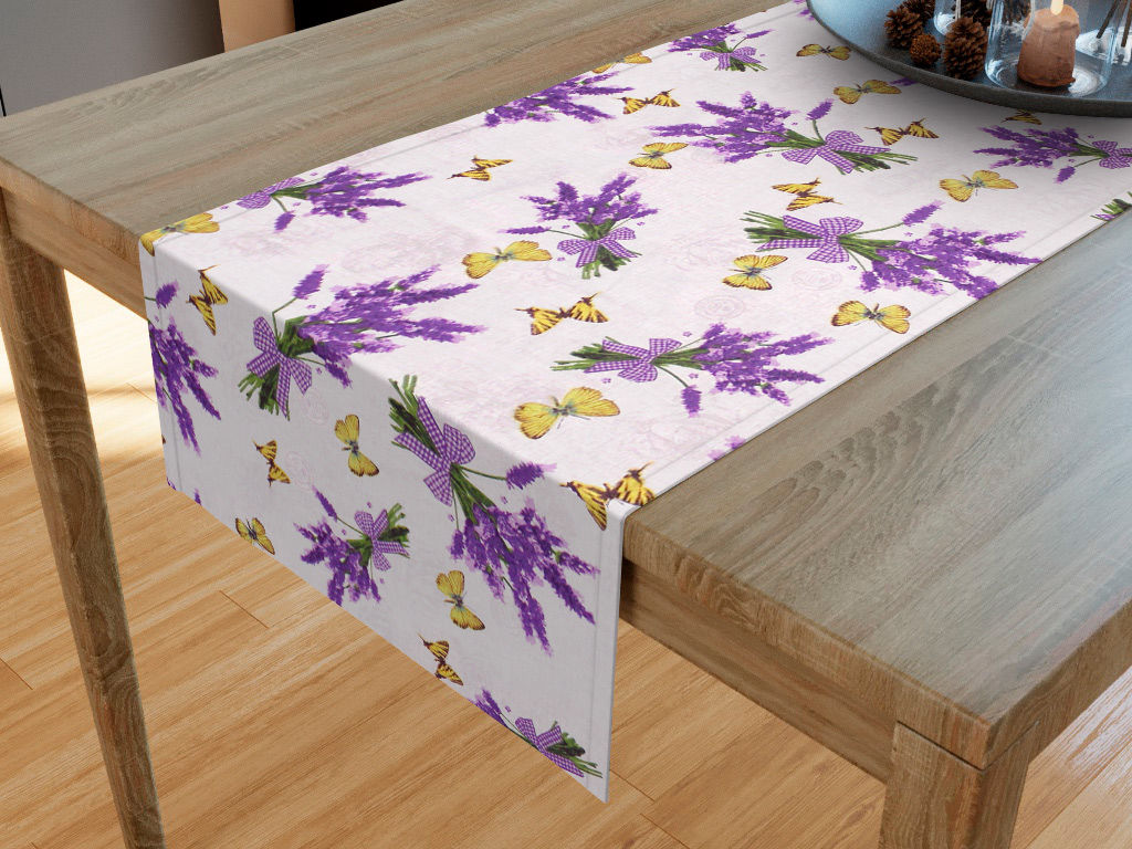 Běhoun na stůl 100% bavlněné plátno - levandule s motýly