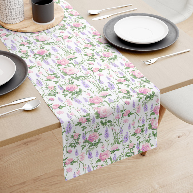 Běhoun na stůl 100% bavlněné plátno - šípkové růže s levandulemi