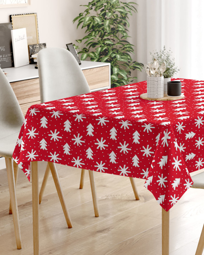 Vánoční hranatý ubrus 100% bavlněné plátno - vločky a stromečky na červeném