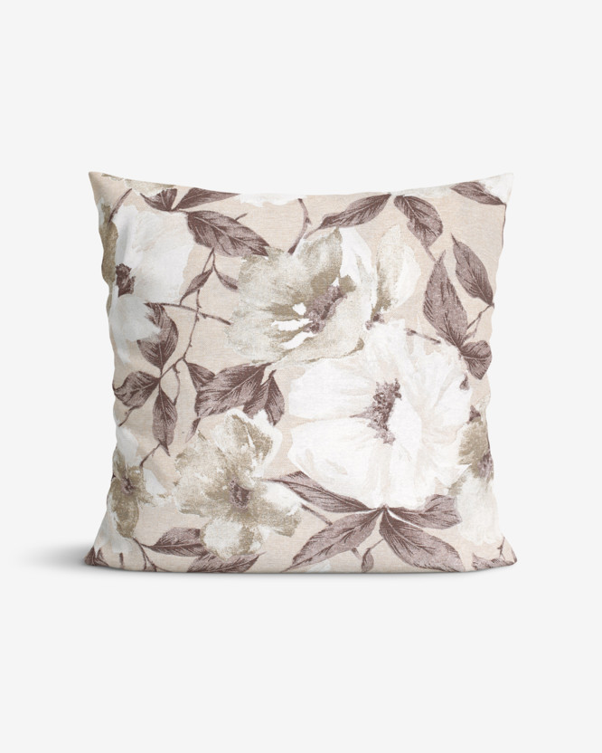 Dekorační povlak na polštář Loneta - bílé a hnědé květy s listy