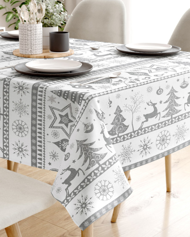 Vánoční hranatý ubrus 100% bavlněné plátno - vánoční symboly na bílém