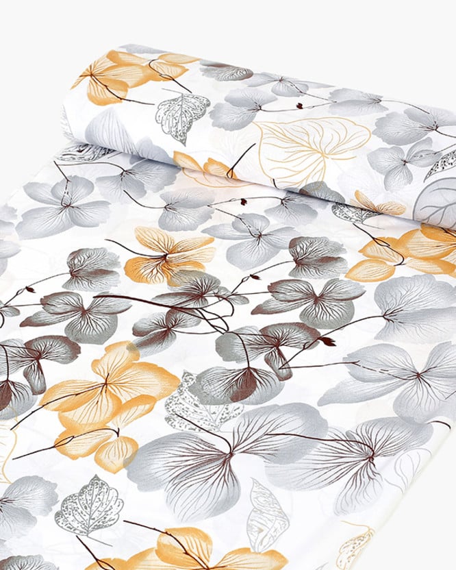 Bavlněné plátno - šedo-hnědé květy s listy
