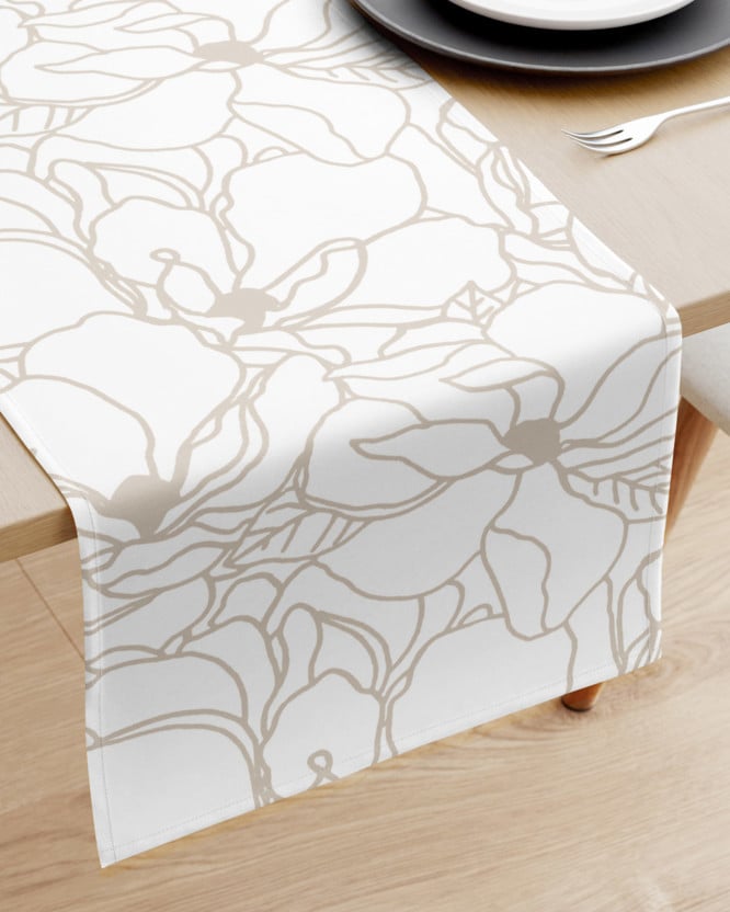Běhoun na stůl 100% bavlněné plátno - světle béžové květy na bílém
