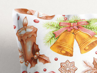 Vánoční bavlněný povlak na polštář s ozdobným lemem - vzor vánoční ozdoby na bílém