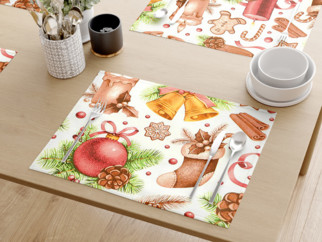 Vánoční bavlněné prostírání na stůl - vzor vánoční ozdoby na bílém - sada 2ks