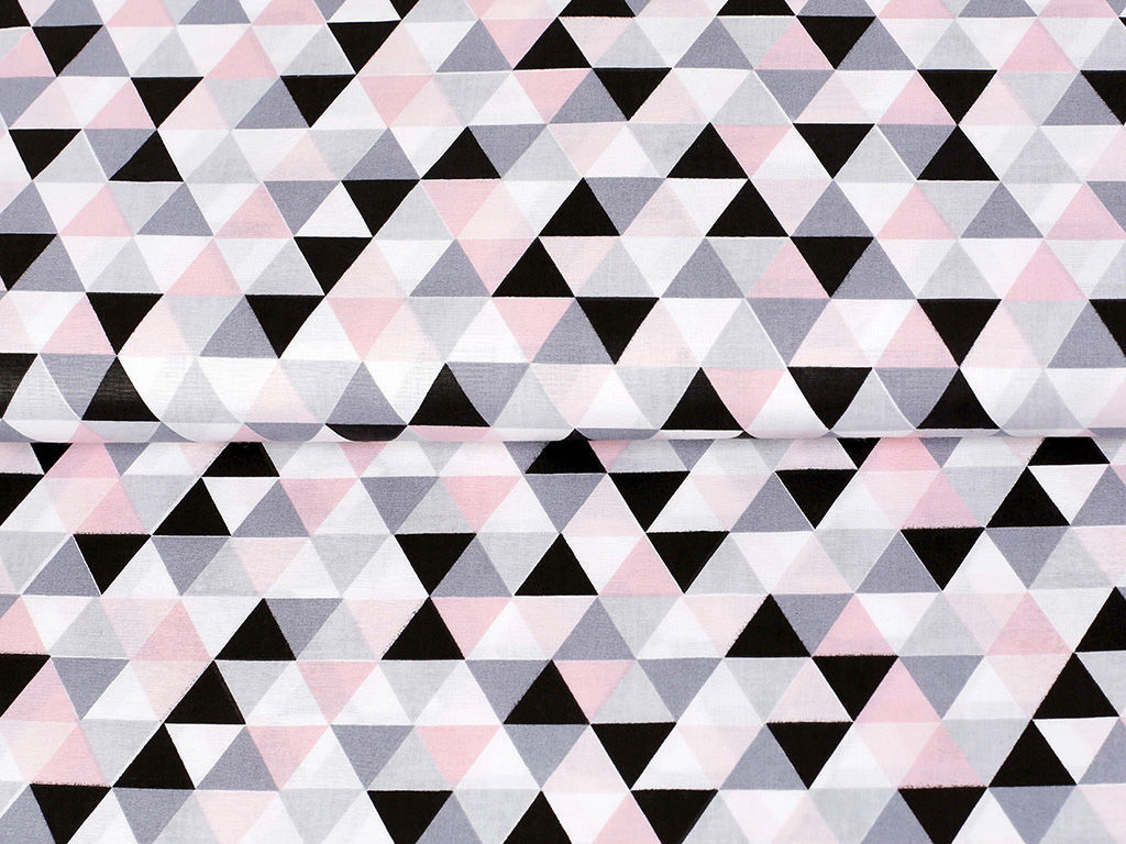 Bavlněné plátno - růžové a šedé trojúhelníky