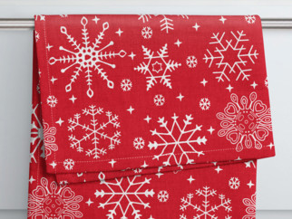 Vánoční kuchyňská bavlněná utěrka - vzor 090 sněhové vločky na červeném