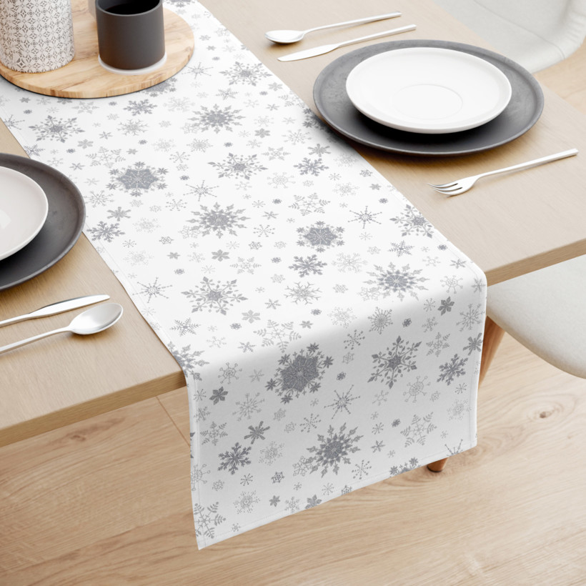 Vánoční běhoun na stůl 100% bavlněné plátno - třpytivé vločky na bílém