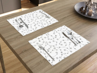 Bavlněné prostírání na stůl - vzor šedé kytičky a motýlci na bílém - 2ks