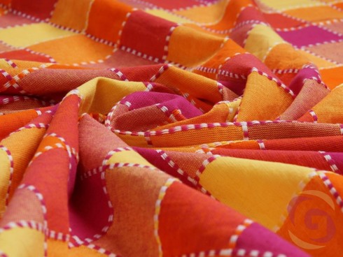 Bavlněný závěs na míru KANAFAS - vzor kostka velká štep oranžová-růžová-žlutá