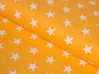 Bavlněné plátno Simona - vzor 630 bílé hvězdičky na žlutě oranžovém - metráž š. 160 cm