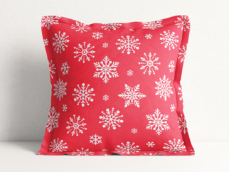 Vánoční bavlněný povlak na polštář s ozdobným lemem - vzor vločky na zářivě červeném