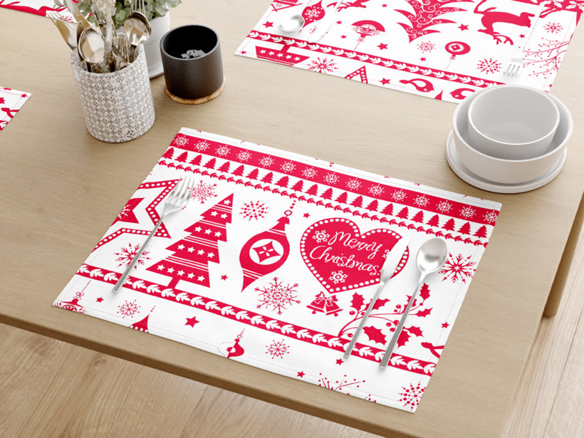 Vánoční prostírání na stůl 100% bavlněné plátno - červené vánoční symboly na bílém - sada 2ks