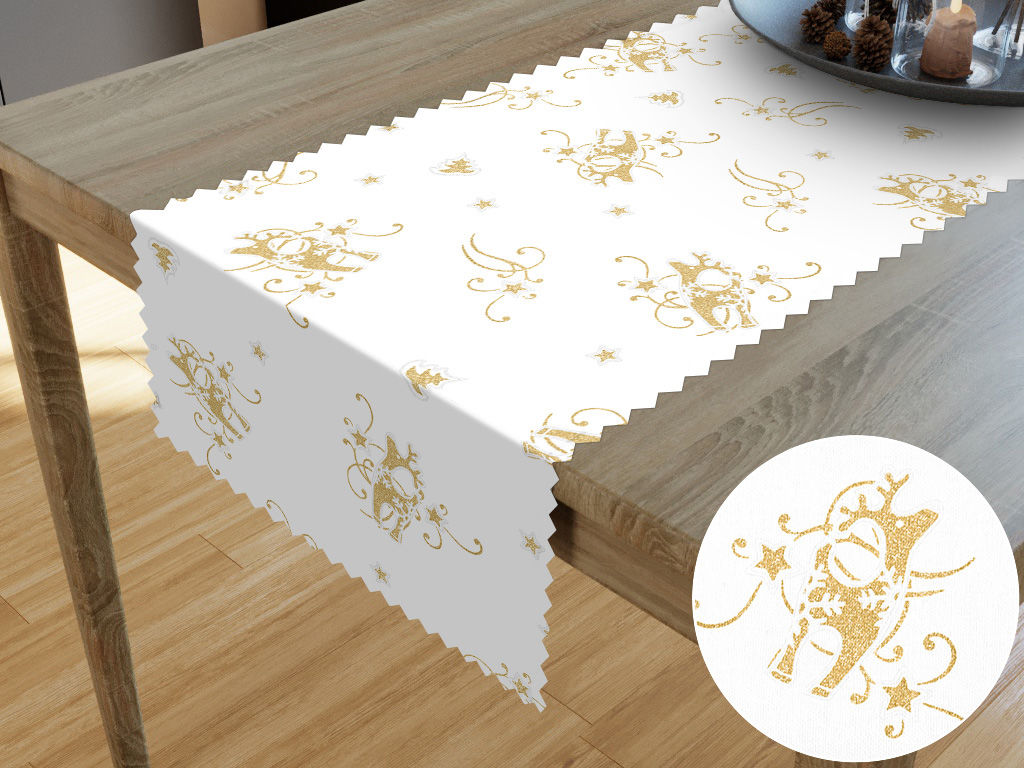 Běhoun na stůl teflonový - zlatí vánoční sobi na bílém