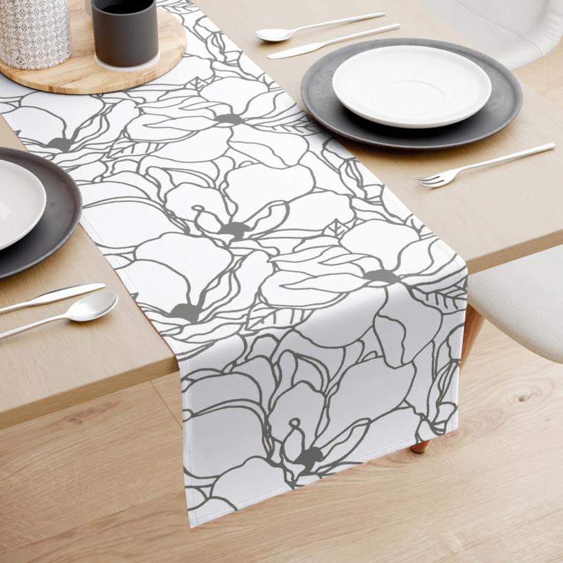 Běhoun na stůl 100% bavlněné plátno - tmavě šedé květy na bílém