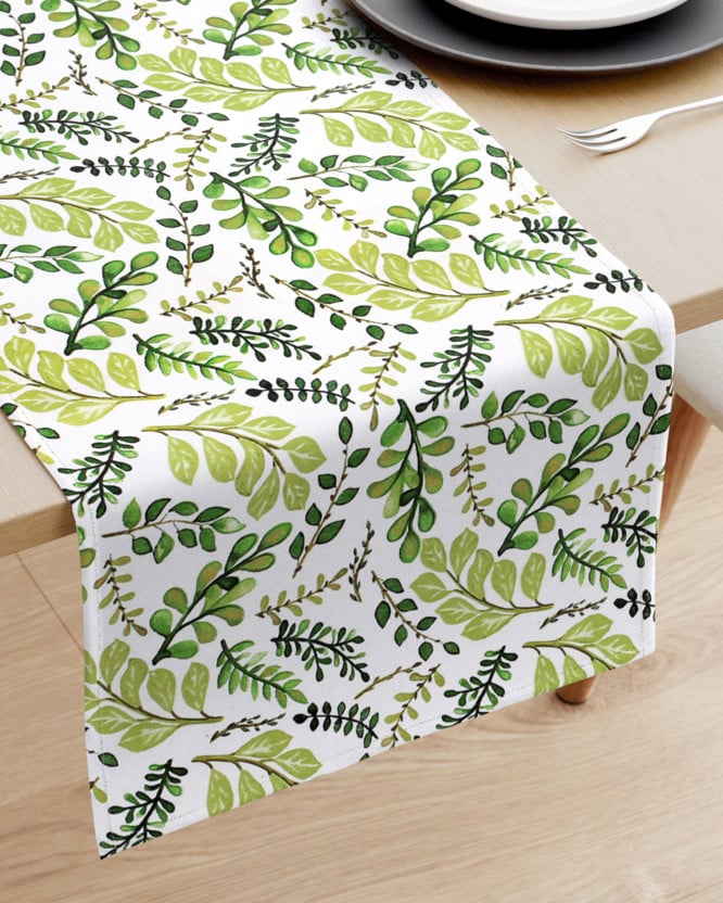 Běhoun na stůl 100% bavlněné plátno - zelené lístečky