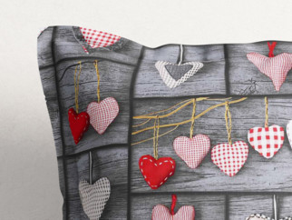 Bavlněný povlak na polštář s ozdobným lemem - červená srdce na tmavě šedém
