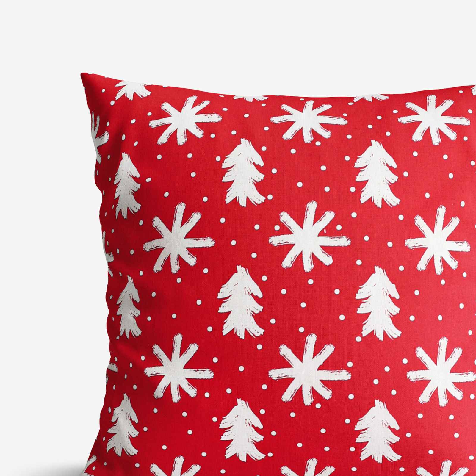 Vánoční bavlněný povlak na polštář - vločky a stromečky na červeném
