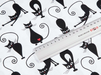 Bavlněné plátno SIMONA - vzor černé kočky na bílém - metráž š. 145cm