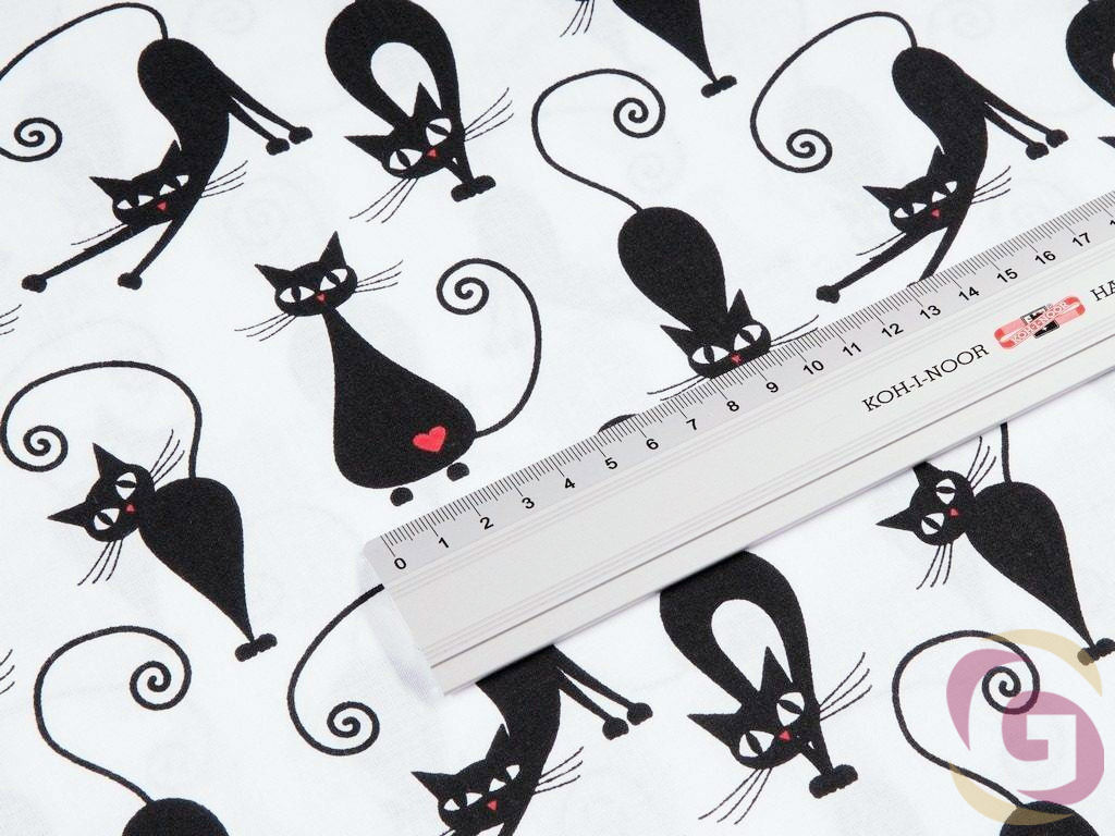 Bavlněné plátno SIMONA - vzor černé kočky na bílém
