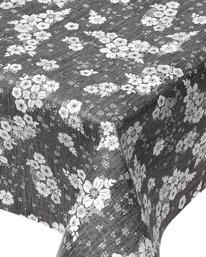 PVC ubrusovina s textilním podkladem - bílé květiny na černém