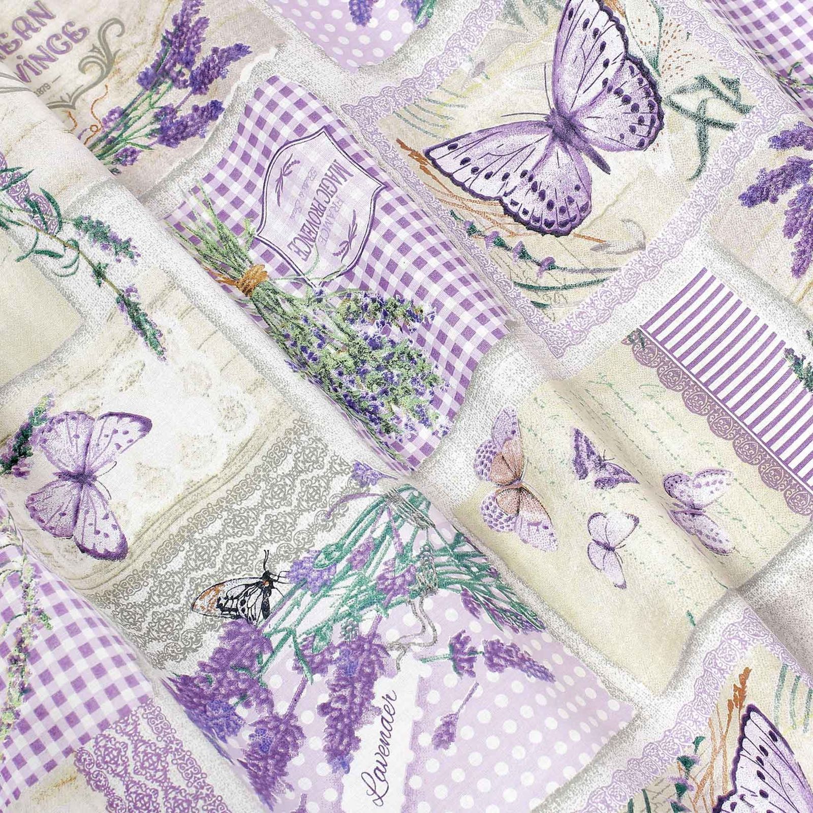 Bavlněné plátno - patchwork levandulí s motýly