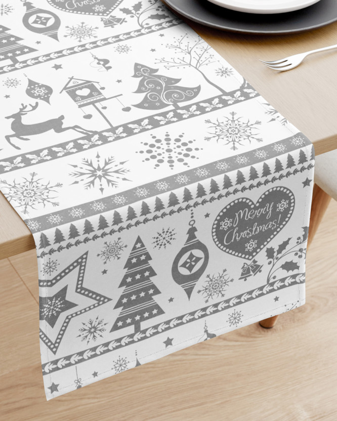 Vánoční běhoun na stůl 100% bavlněné plátno - vánoční symboly na bílém