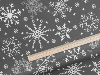 Bavlněná látka - vánoční vzor sněhové vločky na šedém - metráž š. 150cm