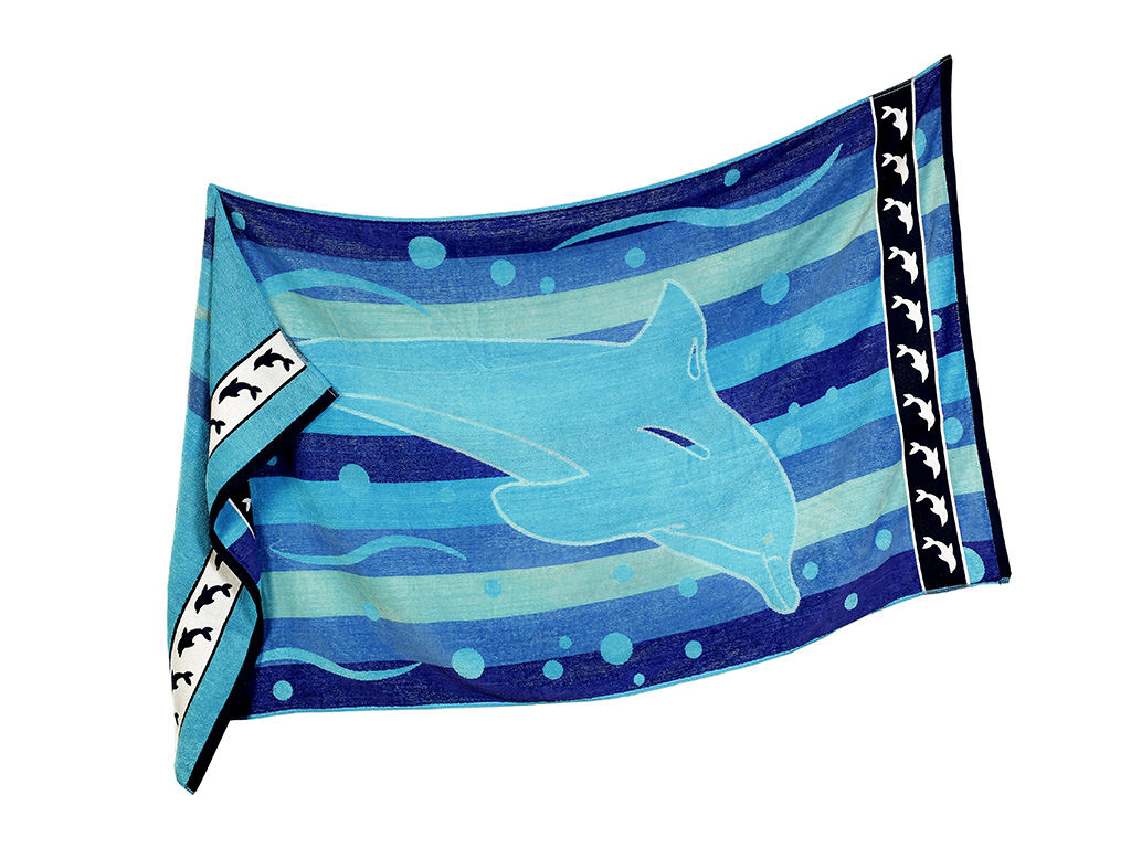 Velká froté plážová osuška - delfín 90x165 cm - modrá