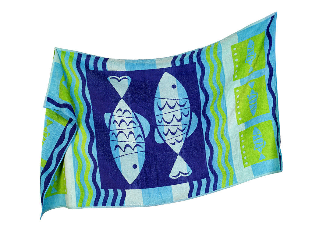 Velká froté plážová osuška - rybičky 90x165 cm - modrá