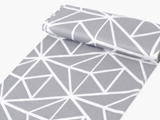 Bavlněný satén Deluxe - vzor 1049 bílé geometrické tvary na šedém - metráž š. 240cm