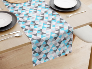 Běhoun na stůl 100% bavlněné plátno - tyrkysové a šedé trojúhelníky