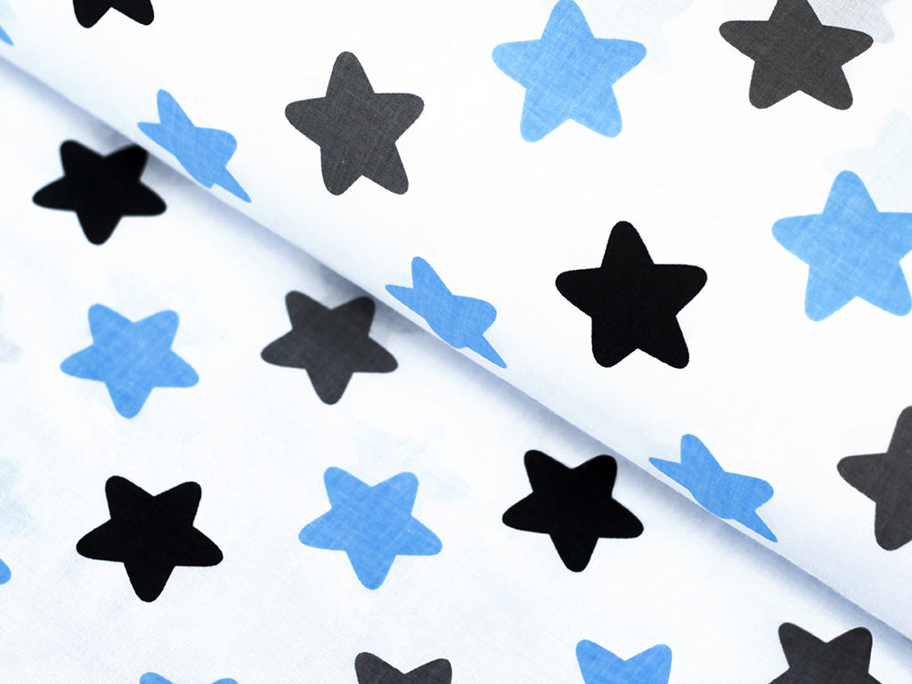 Bavlněné plátno - modré a černé hvězdy na bílém