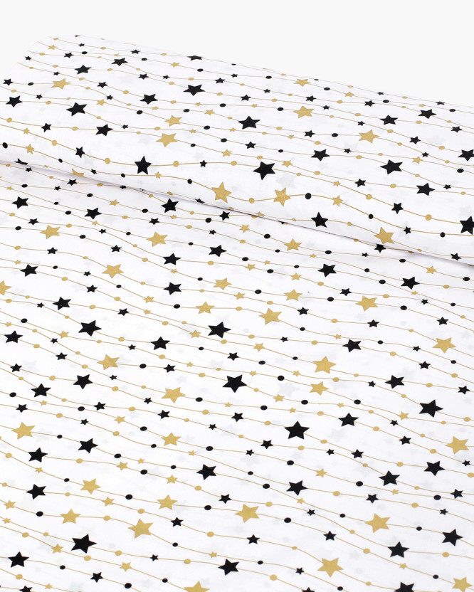 Bavlněné plátno - zlaté a černé hvězdičky na bílém