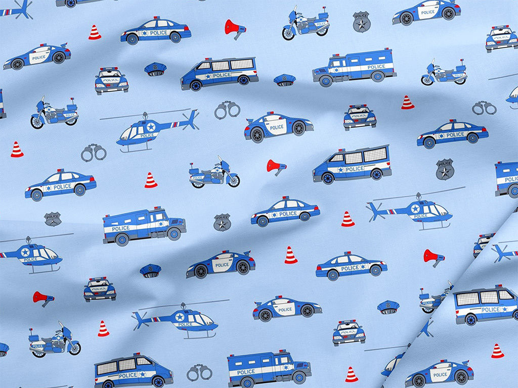 Bavlněné plátno - policejní auta na světle modrém