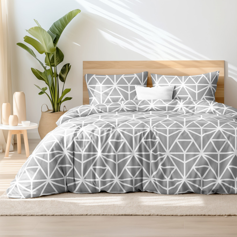 Bavlněné ložní povlečení - bílé geometrické tvary na šedém
