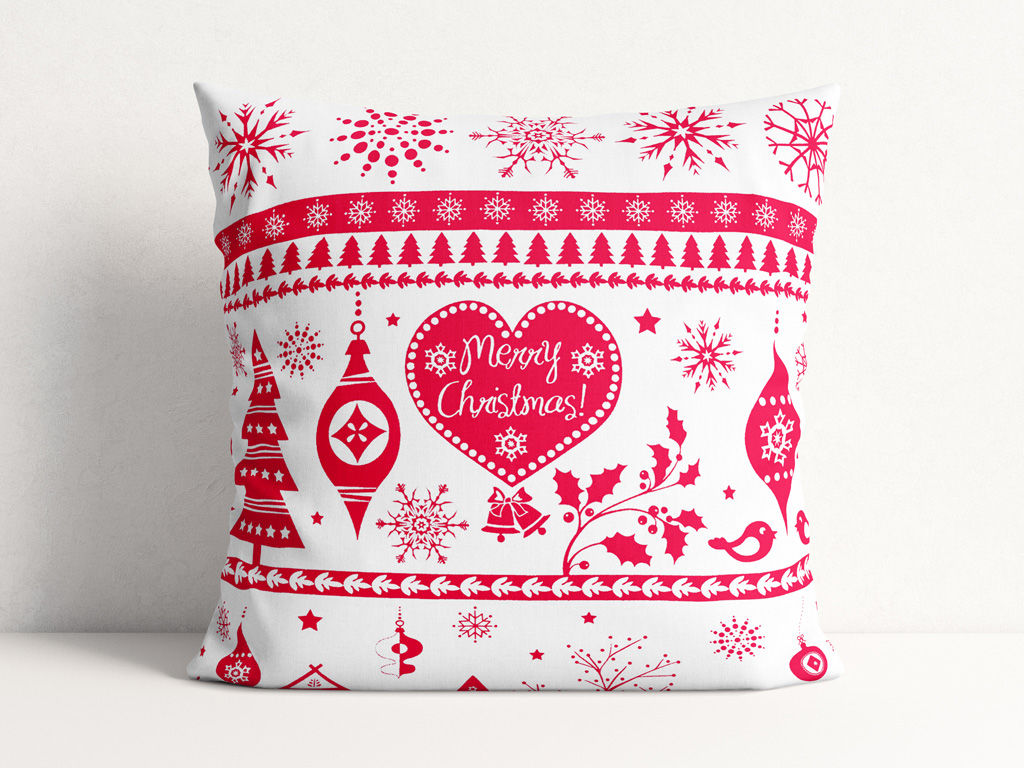Vánoční bavlněný povlak na polštář - červené vánoční symboly na bílém