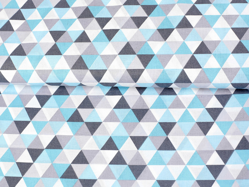 Bavlněné plátno - tyrkysové a šedé trojúhelníky