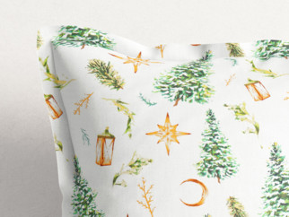 Vánoční bavlněný povlak na polštář s ozdobným lemem - stromečky a zlaté hvězdy