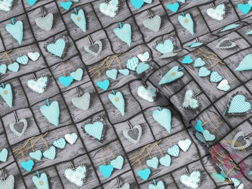 Bavlněné ložní povlečení - vzor 525 tyrkysová srdce na tmavě šedém