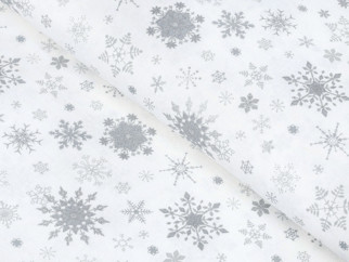Exkluzivní bavlněné plátno SIMONA - vánoční vzor X-28 stříbrné vločky na bílém - metráž š. 150 cm