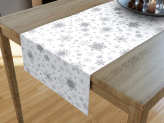 Exkluzivní vánoční bavlněný běhoun na stůl - vzor stříbrné vločky na bílém