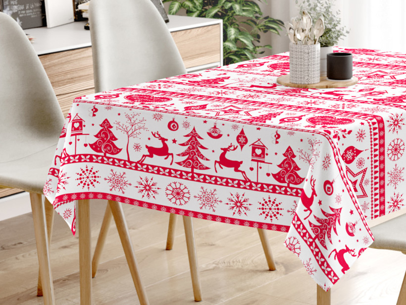 Vánoční hranatý ubrus 100% bavlněné plátno - červené vánoční symboly na bílém