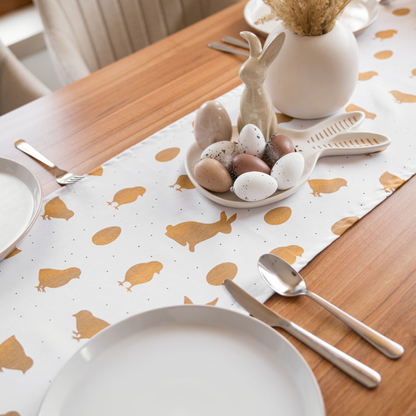 Velikonoční běhoun na stůl z pevné bavlny - zlaté symboly Velikonoc