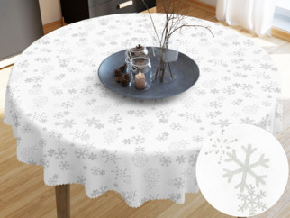 Kulatý vánoční teflonový ubrus - vzor stříbrné vločky na bílém